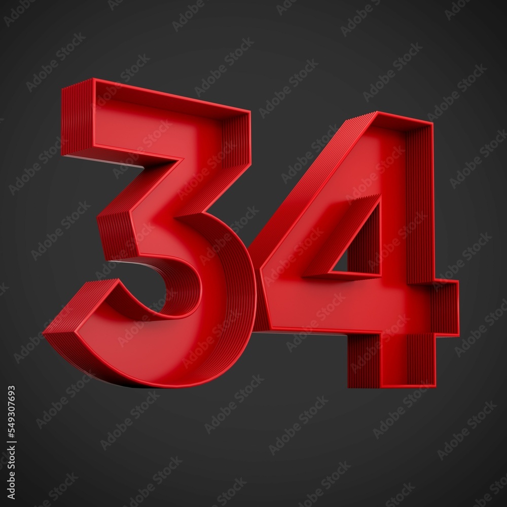 Poster 3d rendering of the number thirty-four in red over the black background - 34 icon