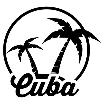 Destino de vacaciones. Logo aislado con texto manuscrito Cuba con silueta de isla con palmeras en círculo