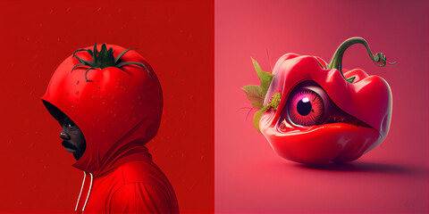 Surrealistic abstract illustration. 3D render. Colorful. Colorful background. Soft forms. Ai art, food composition, collection, Abstract art. Modern art. red apple with a smile