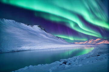  Northern Lights over lake. Aurora borealis with starry in the night sky. Fantastic Winter Epic Magical Landscape of snowy Mountains and lake