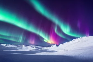 Fototapete Nordlichter Northern Lights over lake. Aurora borealis with starry in the night sky. Fantastic Winter Epic Magical Landscape of snowy Mountains.