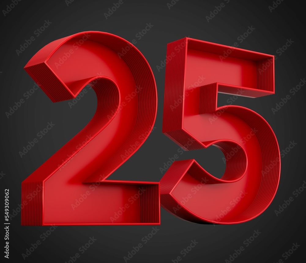Poster 3d rendering of the number twenty-five in red over the black background - 25 icon