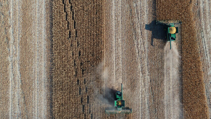 Tractors in the field from drone. Agricultural photo of autumn harvest. View from a drone. Tractors at work. Harvesting corn.