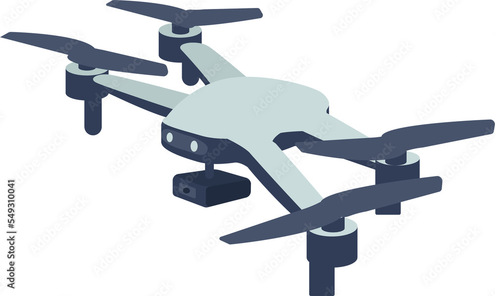 Poster camera drone semi flat color vector object. full sized item on white. shooting video. flying robot. 