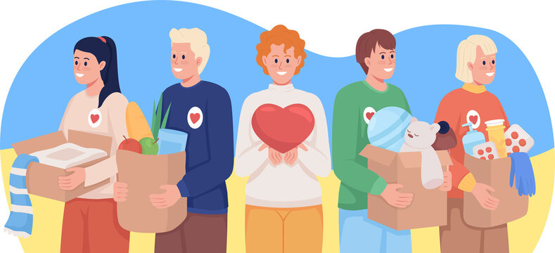 Help for ukrainian refugees 2D vector isolated illustration. Volunteers collecting food and medicine flat characters on cartoon background. Colourful scene for mobile, website