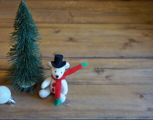 Bristle Brush Evergreen, White Ball and One Polar Bear in Top Hat on Brown Panels for Christmas