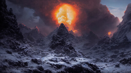 Unreal fantasy mountain landscape with volcanic eruption. Gloomy night sky, bright flashes of fiery lava and explosion.