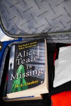 H. A. Linkey Alice Teale is Missing novel inside an open travel suitcase