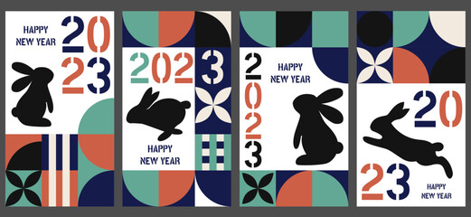 2023 Happy New Year posters set. Vector design templates on geometric style.Minimalistic trendy backgrounds for branding, banner, cover, card