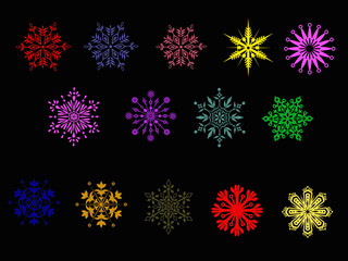 set of colorful snowflakes on black background