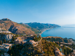 Beautiful aerial view of the Taormina town in Sicily, Italy. One of the most beautiful towns in Italy.