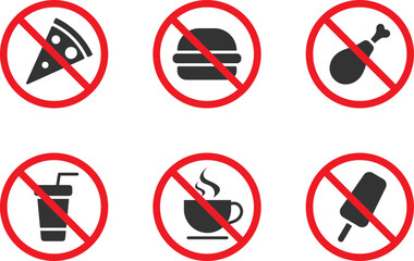 No food allowed symbols. Fast food forbidden icon set. Flat vector illustration.