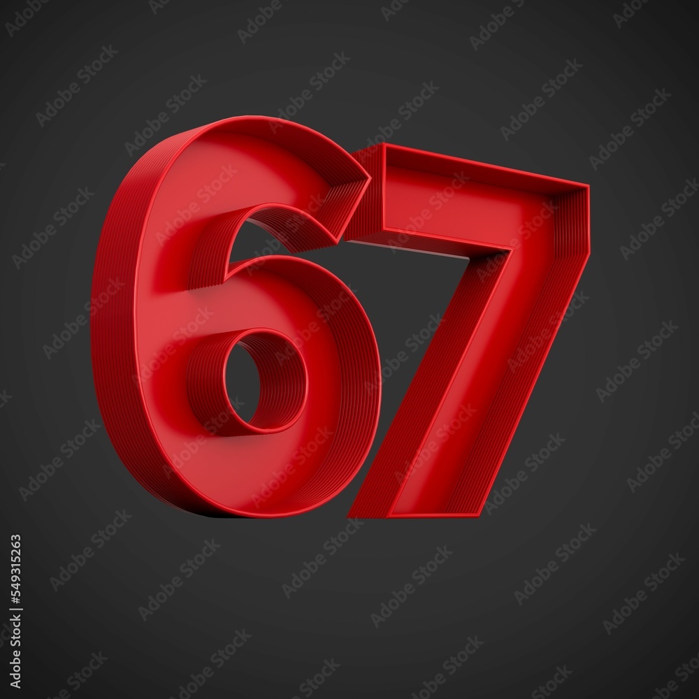 Poster 3d rendering of the number sixty-seven in red over the black background - 67 icon
