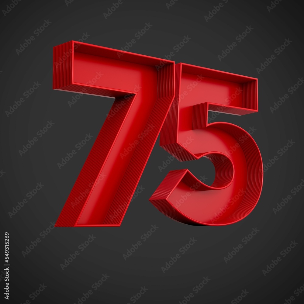 Poster 3d rendering of the number seventy-five in red over the black background - 75 icon