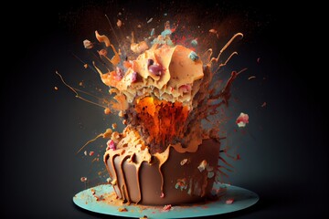 Computer-generated image of exploding Cake. Photorealism and 3D shading to create a busy action-shot with your favorite foods going boom
