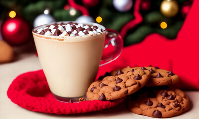 Hot chocolate with marshmallows and chocolate cookies during christmas