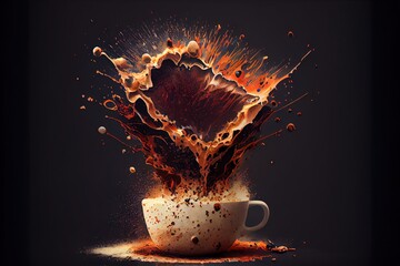 Computer-generated image of exploding coffee. Photorealism and 3D shading to create a busy action-shot with your favorite foods going boom