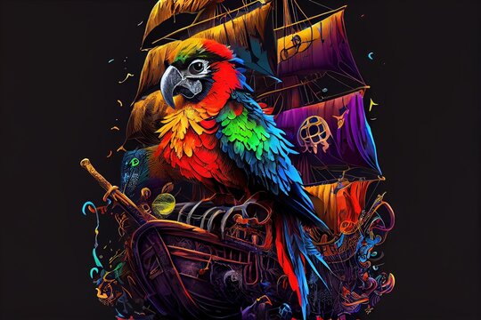 Computer-generated image of a colorful parrot riding a pirate ship. Flying the Jolly Roger flag, this beautiful bird is ready to plunder and pillage