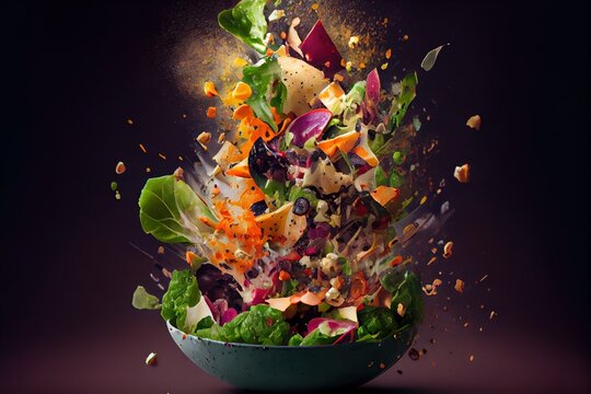Computer-generated image of exploding salad. Photorealism and 3D shading to create a busy action-shot with your favorite foods going boom