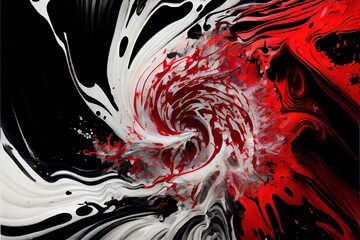 Computer generated image of abstract red, white and black splashing paint pattern. Chaotic, messy, and intricate red pattern for wallpaper background