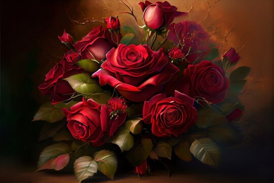 computer-generated image of a bouquet of red roses. Romantic, long-stemmed red roses given to lovers as a sign of romance and love.