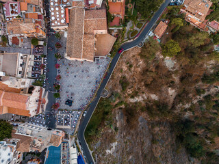 Panoramic aerial view of Isola Bella island and beach in Taormina. Giardini-Naxos bay, Ionian sea...