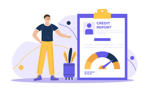 Loan manager concept. Credit report document concept. Young man standing around credit rating. Vector illustration in flat style