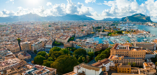 Aerial panoramic view of Palermo town in Sicily. Italy near the Mondello white sand beach in and...