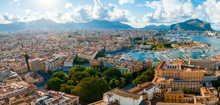 Aerial panoramic view of Palermo town in Sicily. Italy near the Mondello white sand beach in and beautiful lagoon.