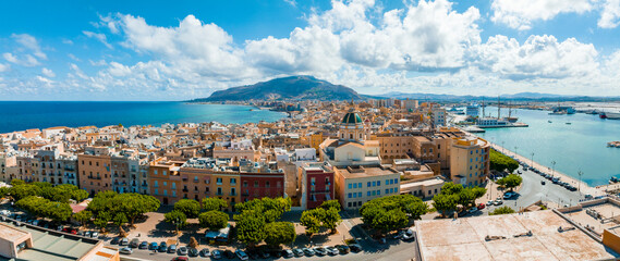 Obraz premium Aerial panoramic view of Trapani harbor, Sicily, Italy. Beautiful holiday town in Italy.