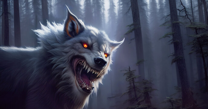 Illustration of a werewolf in the forest.