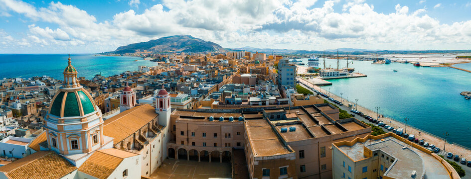 Aerial panoramic view of Trapani harbor, Sicily, Italy. Beautiful holiday town in Italy.
