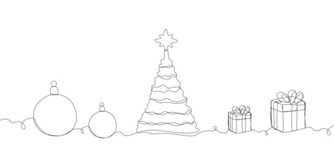 Merry Christmas decoration. Continuous one line art. Holiday greeting card Christmas ball, star and tree. Vector illustration