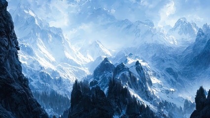 Unreal fantasy mountain landscape. Snowy slopes of mountains, sunset. Beautiful mountain landscape. - obrazy, fototapety, plakaty