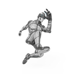 super hero in an exosuit is jumping in action