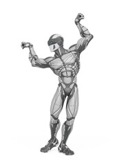 super hero is doing a dynamic bodybuilder pose in an exosuit