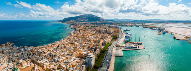 Aerial panoramic view of Trapani harbor, Sicily, Italy. Beautiful holiday town in Italy. - obrazy, fototapety, plakaty
