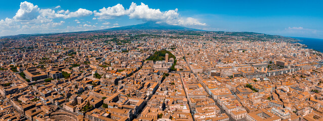 Aerial view on via Etnea in Catania. Dome of Catania and the main street with the background of...
