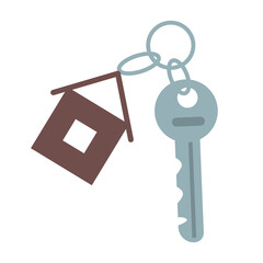 Key with keychain semi flat color raster object. Full sized item on white. Buying new house. Newlywed apartment. Simple cartoon style illustration for web graphic design and animation
