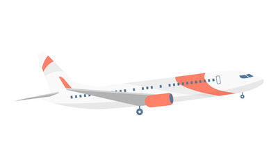 Flying airplane semi flat color raster object. International air travel. Domestic flights. Full sized item on white. Simple cartoon style illustration for web graphic design and animation