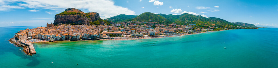 Fototapeta na wymiar Aerial scenic view of the Cefalu, medieval village of Sicily island, Province of Palermo, Italy
