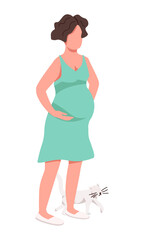 Pregnant woman with cat semi flat color raster character. Touching belly during pregnancy. Full body person on white. Simple cartoon style illustration for web graphic design and animation