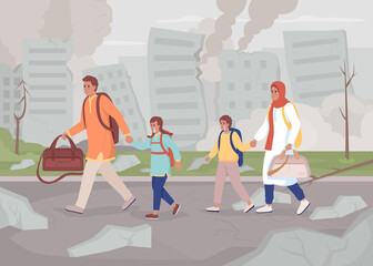 Family getting out of war-torn city flat color raster illustration. Massive destruction. Scared family running away with baggages 2D simple cartoon characters with cityscape on background