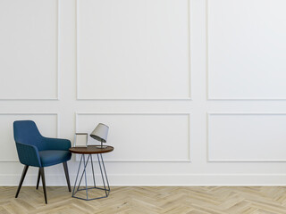 Makieta ściany w klasycznym salonie na tle dekoracyjnej ściany, 3d render