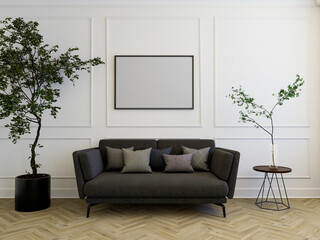Makieta ramy w klasycznym salonie na tle dekoracyjnej ściany, 3d render