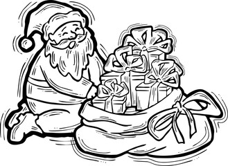 Decorative vector composition. Santa Claus, his big sack full of gifts. Christmas, New Year composition for banner design, party invitation. Hand drawn illustration, cartoon style character drawing.