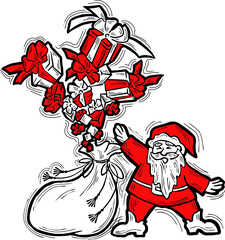 Decorative composition with Santa Claus, his big sack full of gifts. Christmas and New Year composition for banner design, party invitation. Hand drawn illustration, cartoon style character drawing.