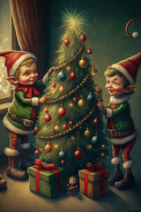Christmas elves helping to decorate the tree