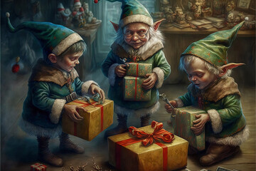 Fototapeta premium Christmas Elves helping to wrap presents and put them under the tree