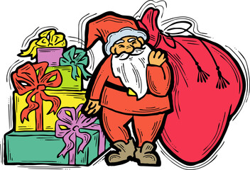 Decorative composition with Santa Claus, his big sack full of gifts. Christmas and New Year composition for banner design, party invitation. Hand drawn illustration, cartoon style character drawing.